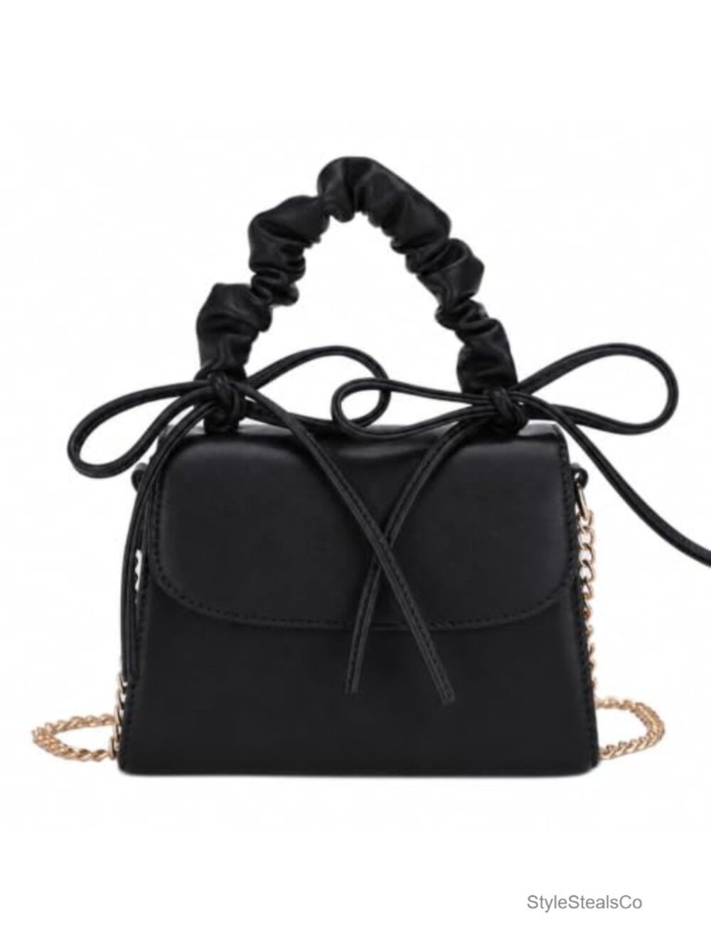 Mini Top Handle Purse Vegan Leather Crossbody Bag Ruched Handle Bow
